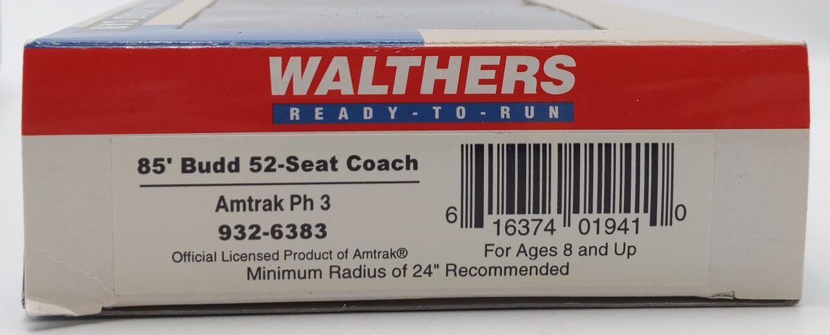 Walthers 932-6383 HO Scale 85' Budd Phase 3 52-Seat Coach Passenger Car EX/Box