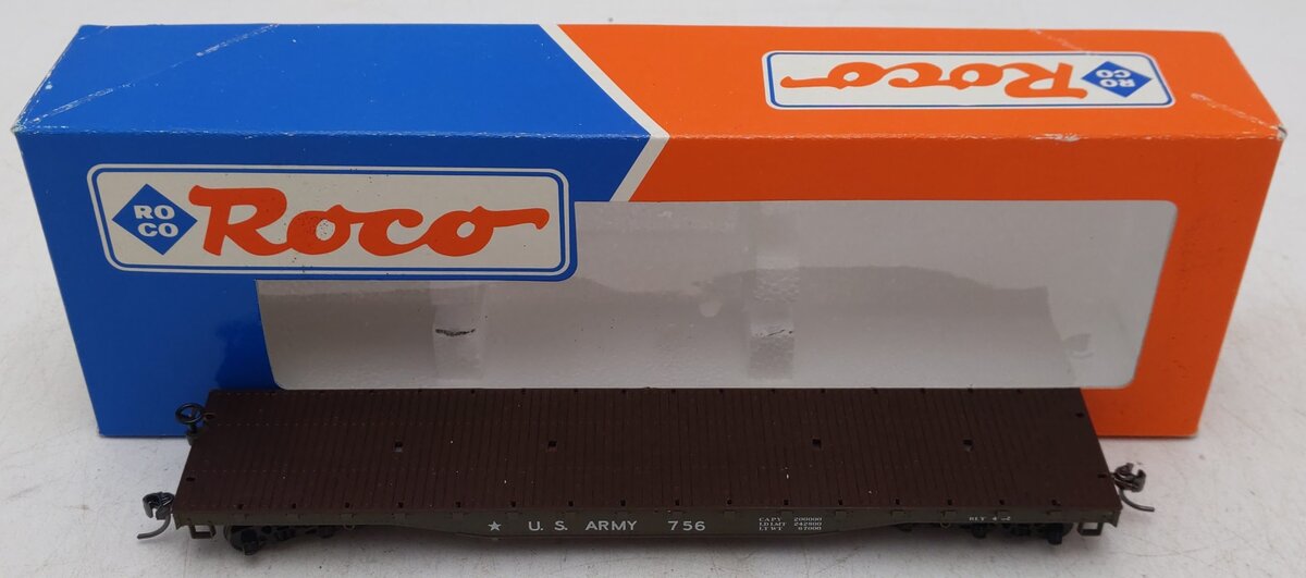 Roco 49011 HO 50' Heavy Duty Flat Car U.S. Army #756 EX/Box