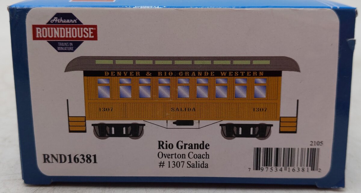Roundhouse 16381 HO D&RGW 34' Old Time Overton Passenger Car #1307 EX/Box