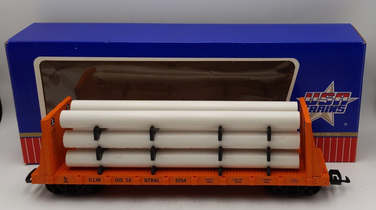 USA Trains 17606 G Illinois Central Flatcar with Pipe Load Orange EX/Box