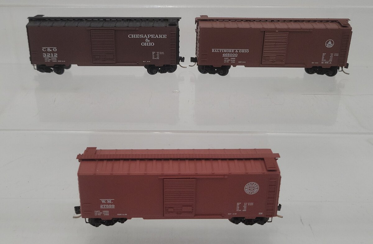 MicroTrains 20276-2 N "The Cat Pak" C7O, B&O, WM 40' Standard Boxcar (Set of 3) EX/Box