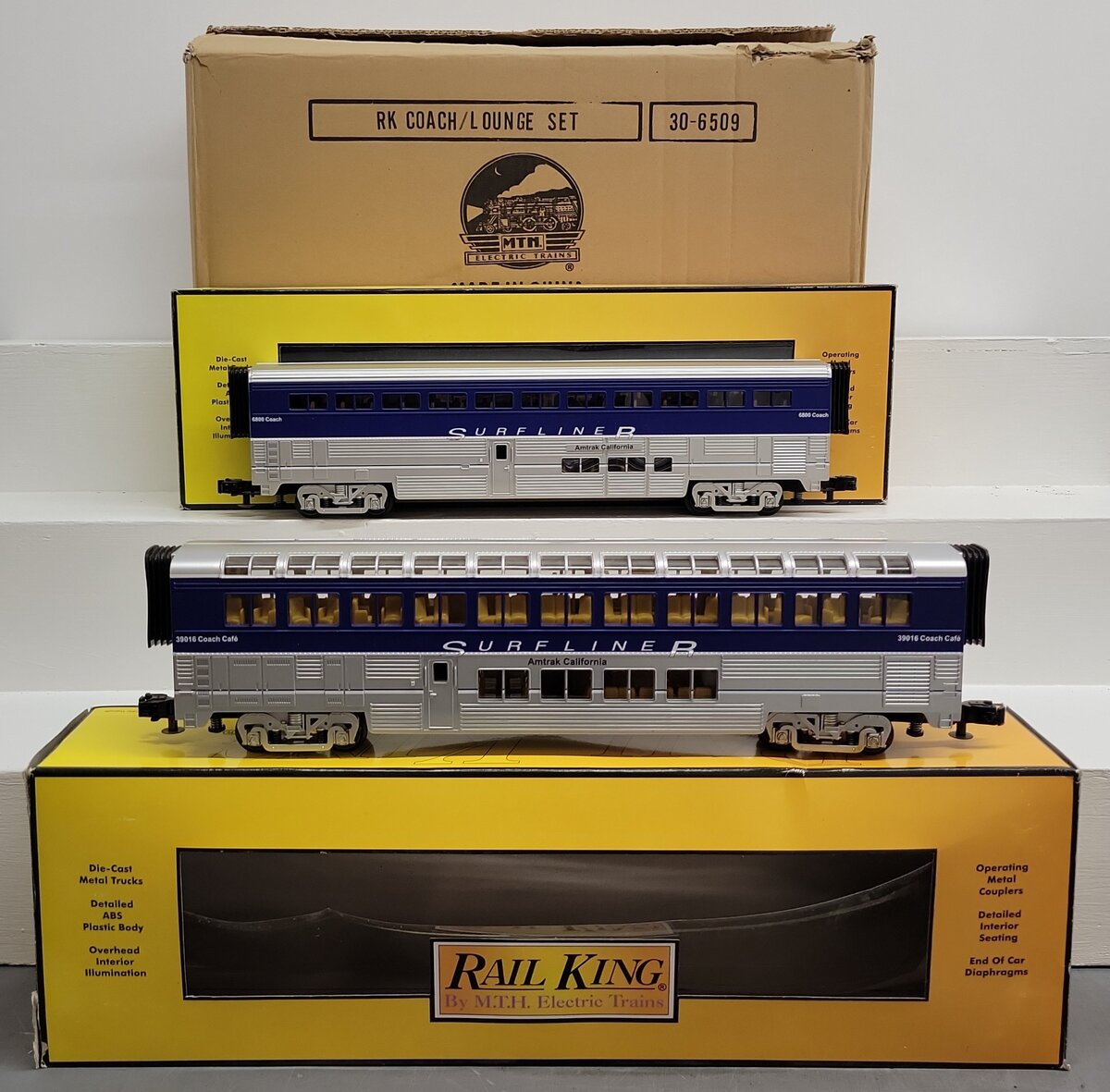 MTH 30-6509 O Amtrak RailKing O-31 SuperLiner Coach/Lounge Set (Set of 2) EX/Box