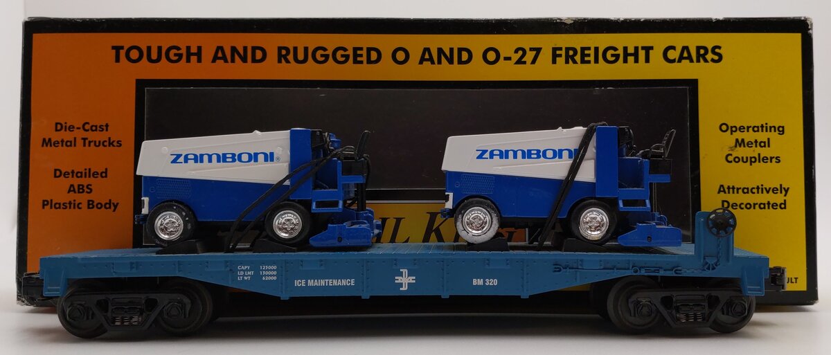 MTH 30-76038 O Gauge Boston and Maine Flat Car with Zambonis EX/Box