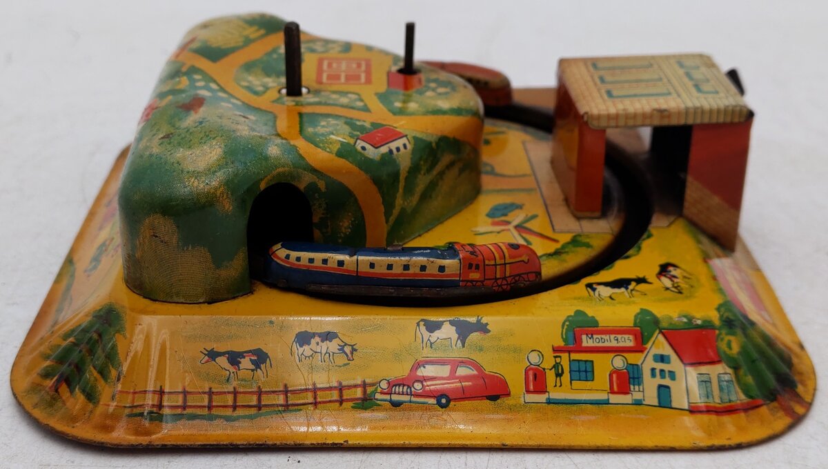 Vintage Tin Windup Train Station Toy VG
