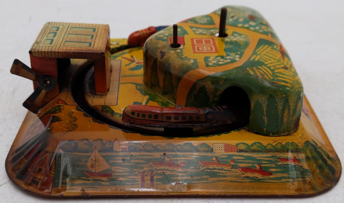Vintage Tin Windup Train Station Toy VG