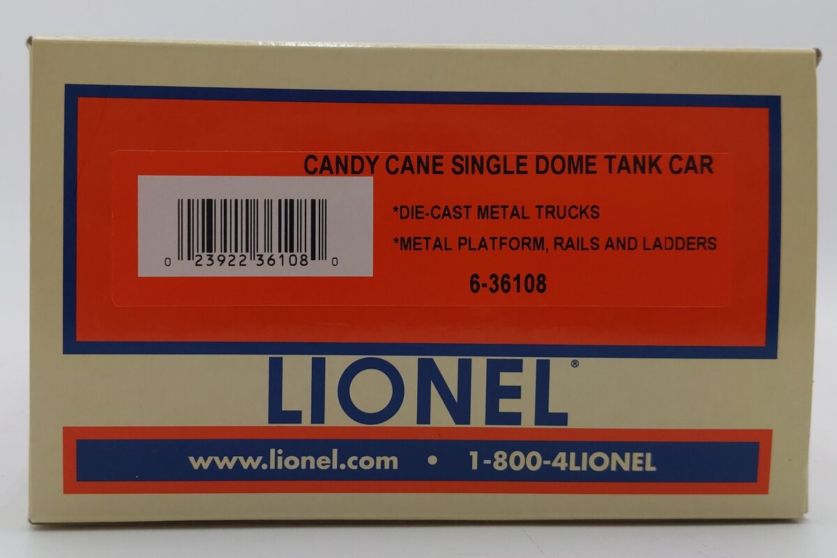 Lionel 6-36108 O Gauge Candy Cane Single Dome Tank Car EX/Box