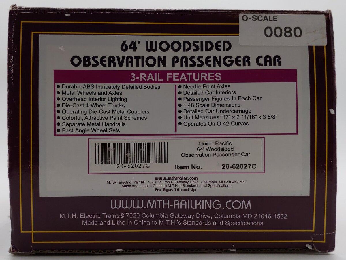 MTH 20-62027 O Gauge Union Pacific Passenger Car #100 (2 Rail) EX/Box