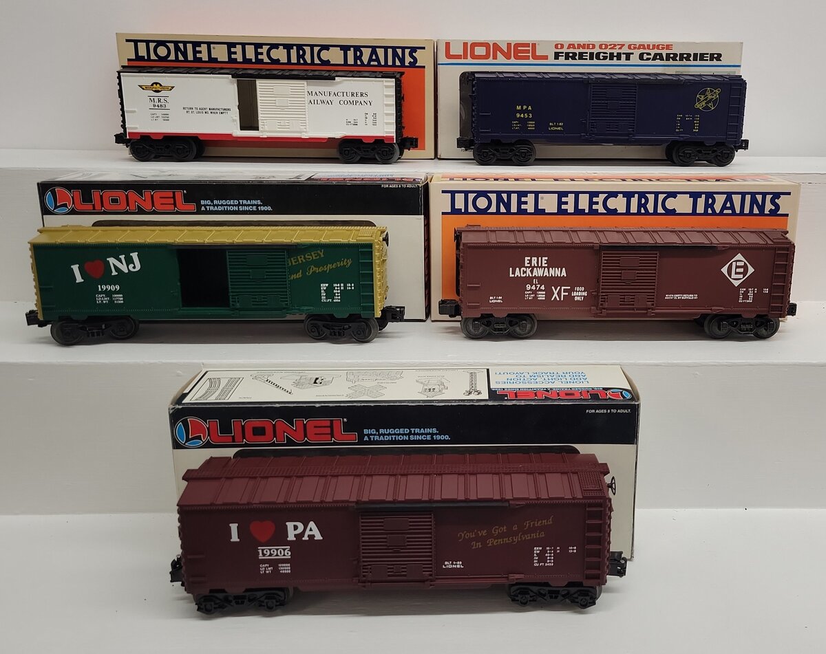 Lionel O Gauge Assorted Boxcars: 19906, 19909, 9483, 9453, 9474 [5] EX/Box