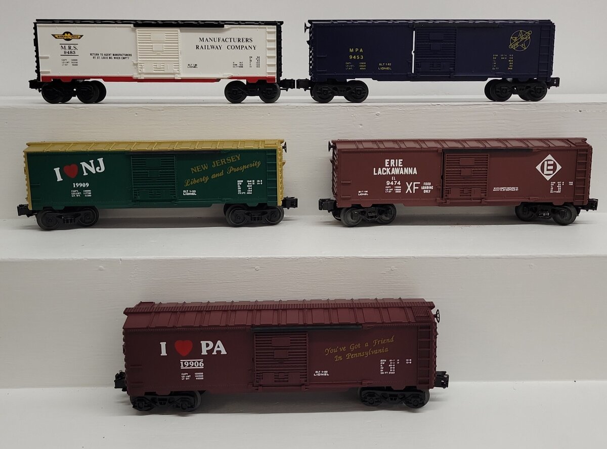 Lionel O Gauge Assorted Boxcars: 19906, 19909, 9483, 9453, 9474 [5] EX/Box