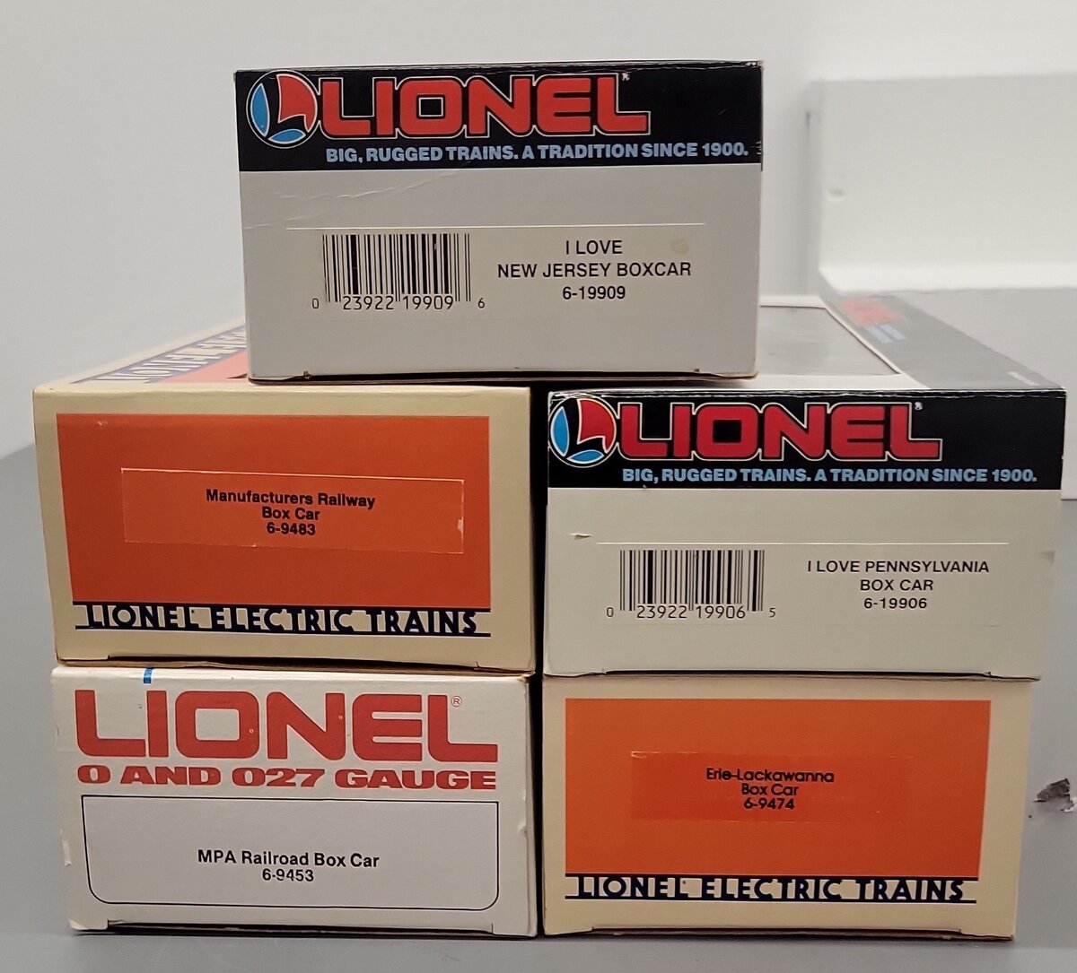 Lionel O Gauge Assorted Boxcars: 19906, 19909, 9483, 9453, 9474 [5] EX/Box
