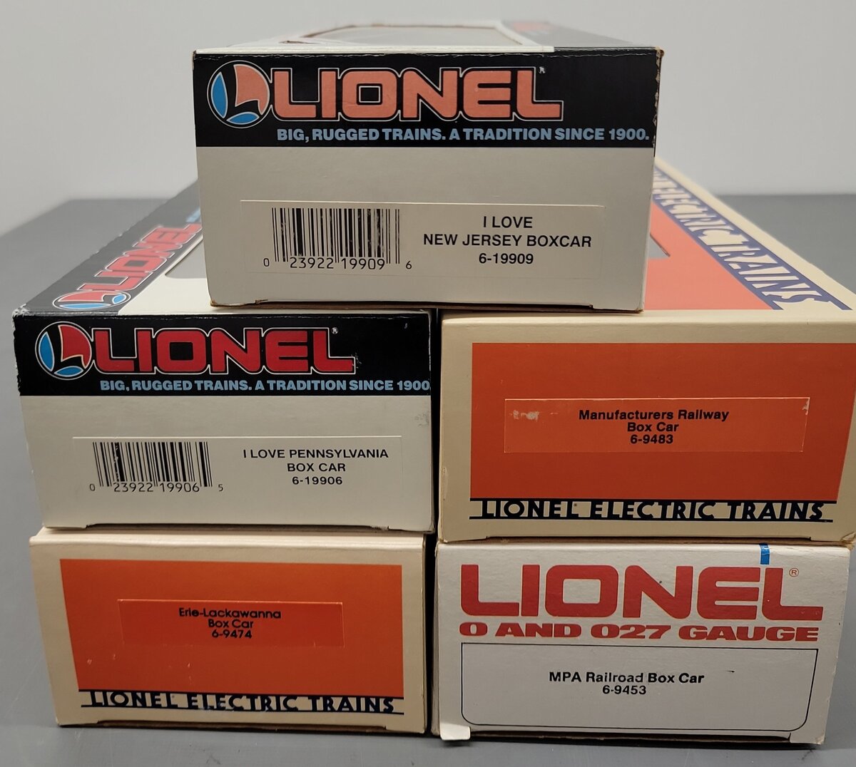 Lionel O Gauge Assorted Boxcars: 19906, 19909, 9483, 9453, 9474 [5] EX/Box