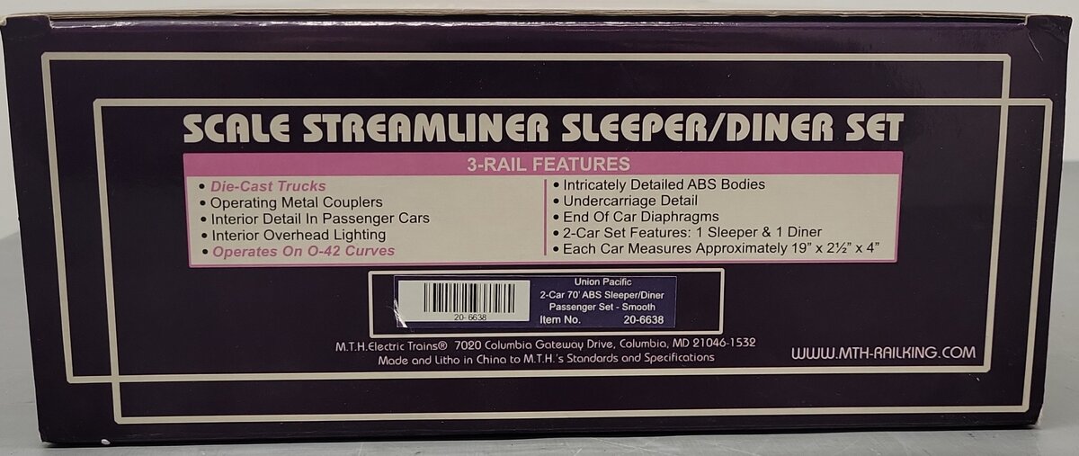 MTH 20-6638 O UP 70' Streamlined Sleeper/Diner Passenger Car Set (Set of 2) LN/Box