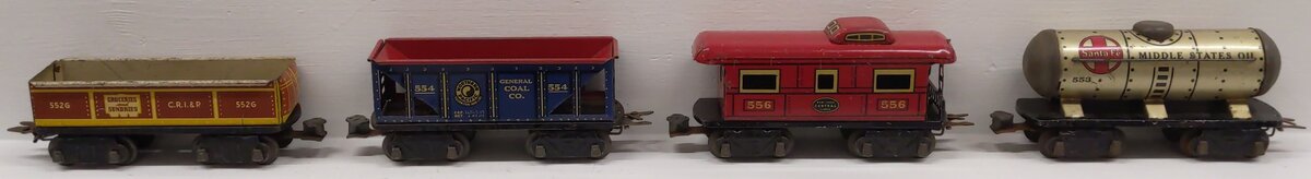Marx Prewar O Gauge Tin Plate Freight Cars #554,552G,556,553 [4] VG