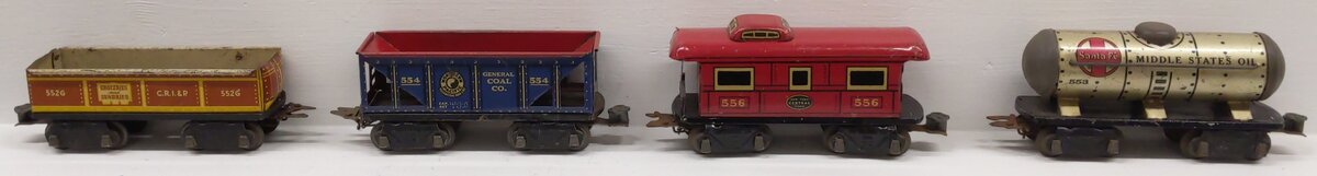 Marx Prewar O Gauge Tin Plate Freight Cars #554,552G,556,553 [4] VG