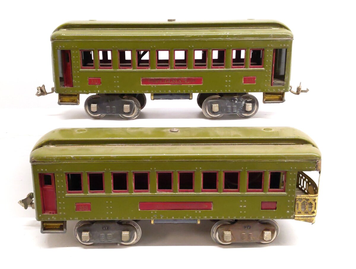 Lionel 337/338 Vintage Standard Gauge Olive Green Pullman And Observation Cars VG
