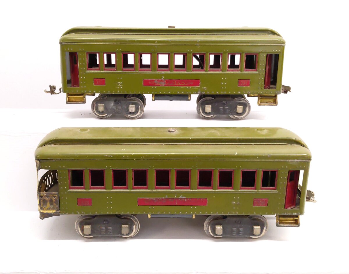 Lionel 337/338 Vintage Standard Gauge Olive Green Pullman And Observation Cars VG