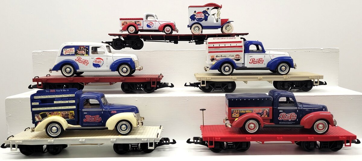 Assorted G Scale Flatcars w/ Various Pepsi Cola Vehicles [5] VG
