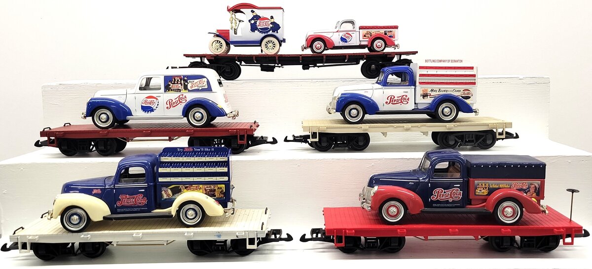 Assorted G Scale Flatcars w/ Various Pepsi Cola Vehicles [5] VG