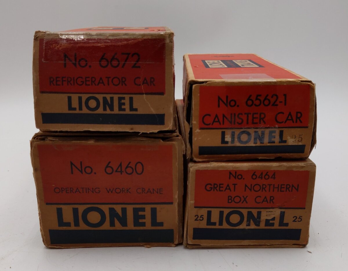 Lionel O Gauge Assorted Freight Cars- 6460, 6464, 6562-1, 6672 [4] VG/Box
