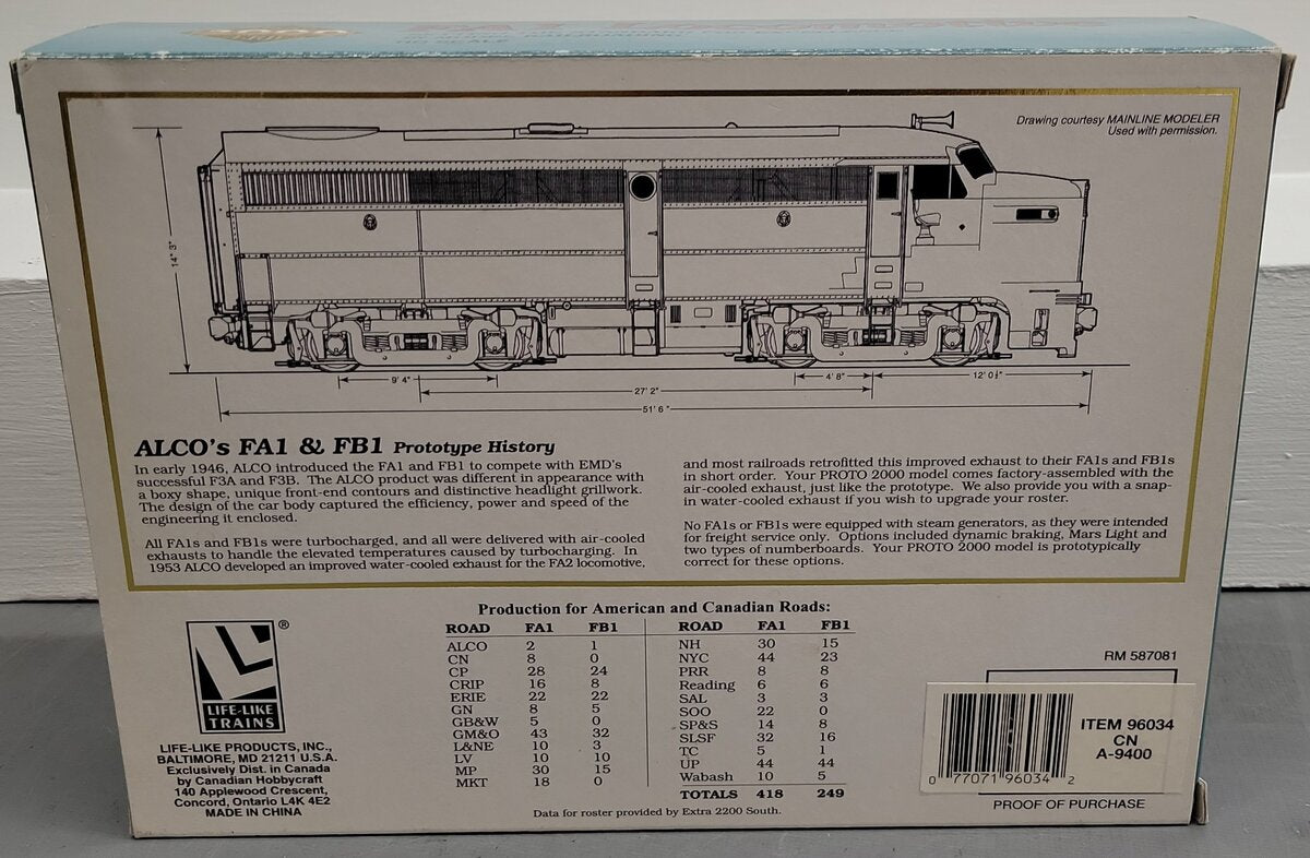 Proto 2000 96034 HO Scale Canadian National FA-1 Diesel Locomotive #9400 EX/Box