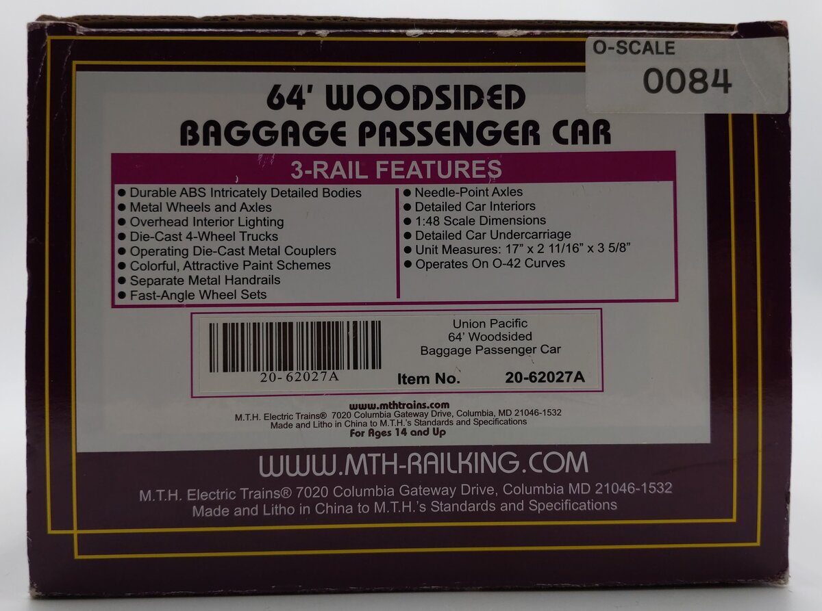 MTH 20-62027A O Union Pacific 64' Woodsided Baggage Passenger Car #18 (2 Rail) EX/Box
