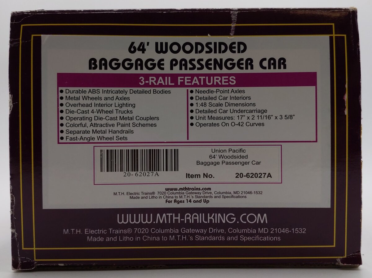 MTH 20-62027A O Union Pacific 64' Woodsided Baggage Passenger Car #18 (2 Rail) EX/Box