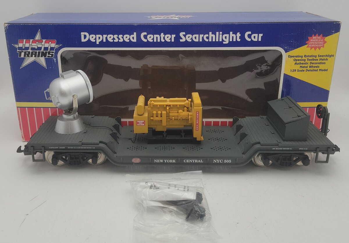 USA Trains R17327 G New York Central Depressed-Center Flat Car with Searchlight EX/Box