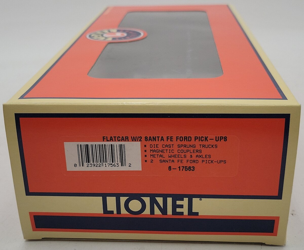 Lionel 6-17563 O Gauge Santa Fe Flatcar w/ Two 1953 Pickups NIB