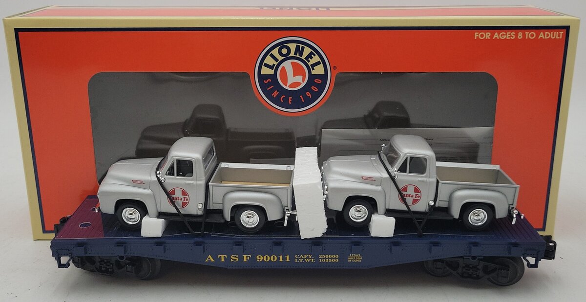 Lionel 6-17563 O Gauge Santa Fe Flatcar w/ Two 1953 Pickups NIB
