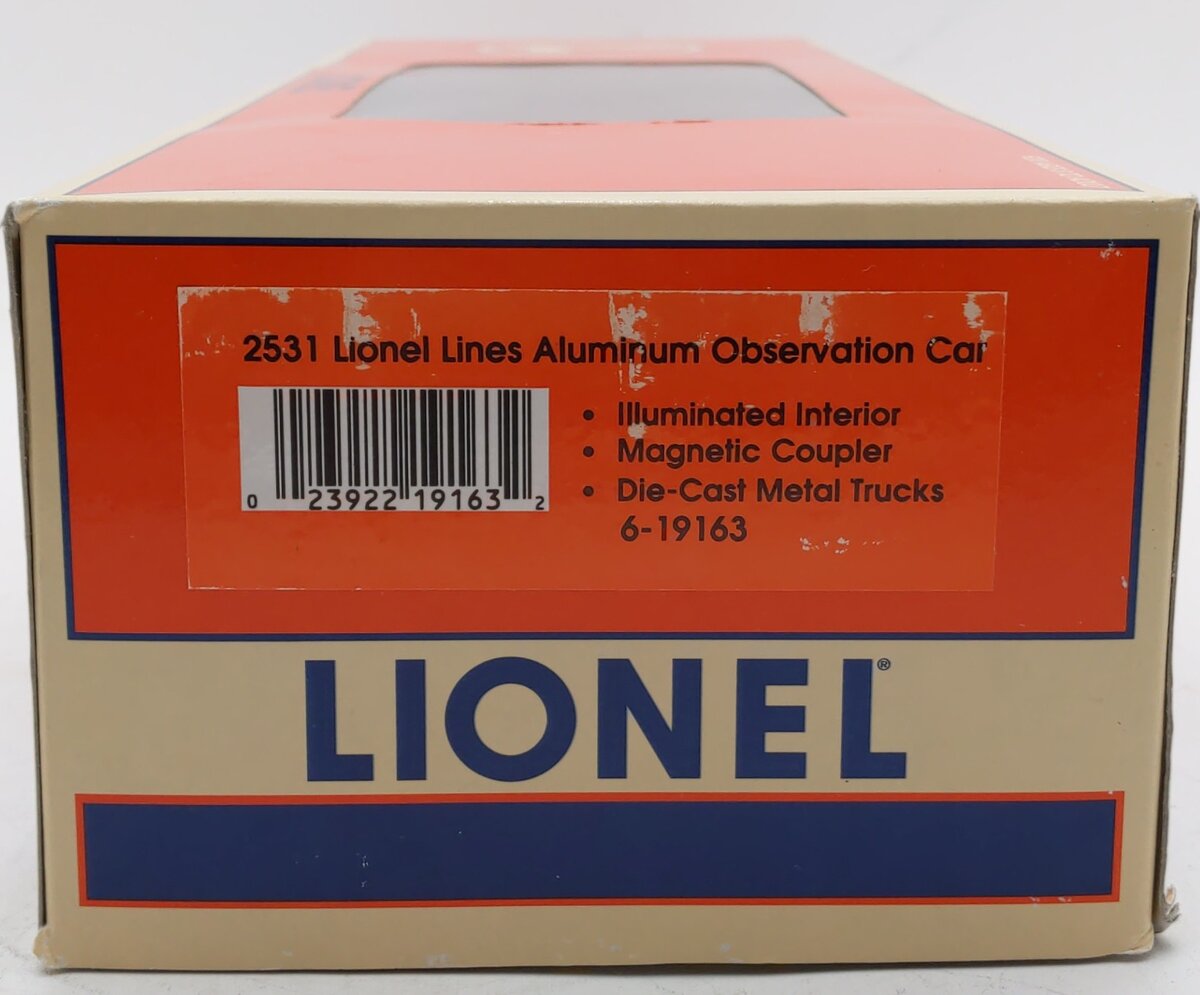 Lionel 6-19163 O Gauge Lionel Lines 2531 Silver Rail Aluminum Observation Car EX/Box