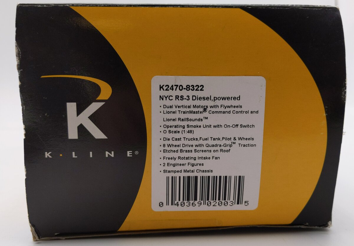 K-Line K2470-8322 O New York Central RS-3 Powered Diesel Locomotive #8322 VG/Box