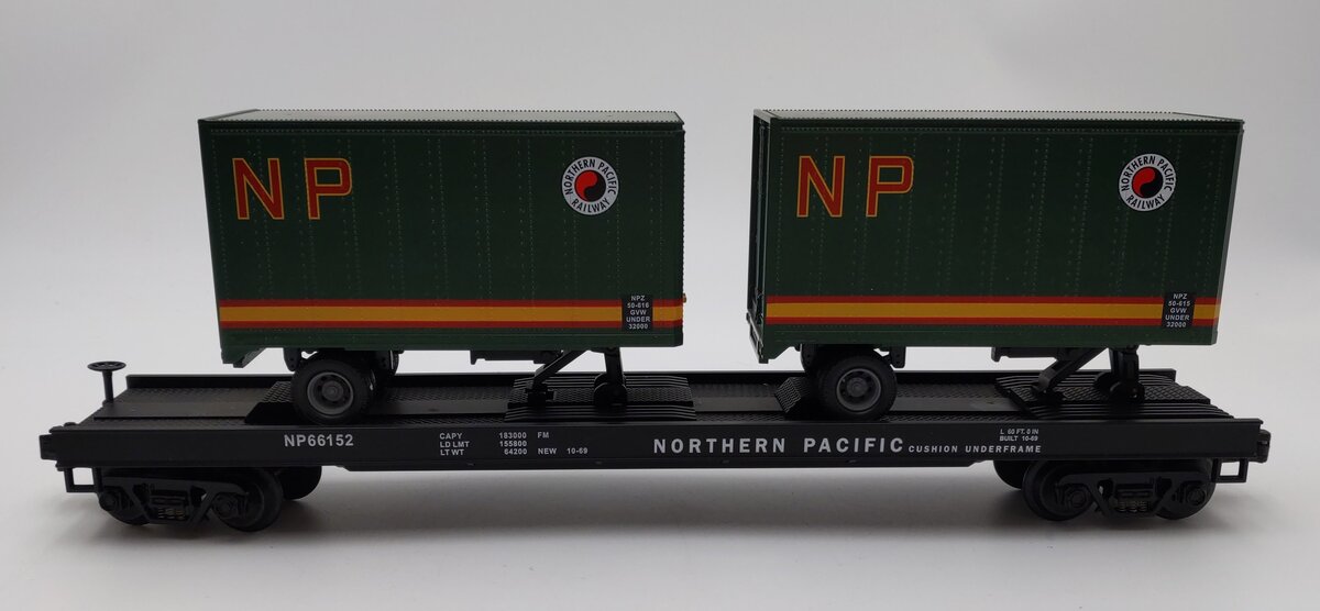 MTH 20-98105 Northern Pacific Flatcar with 2 Short NP Trailers #66152 EX/Box