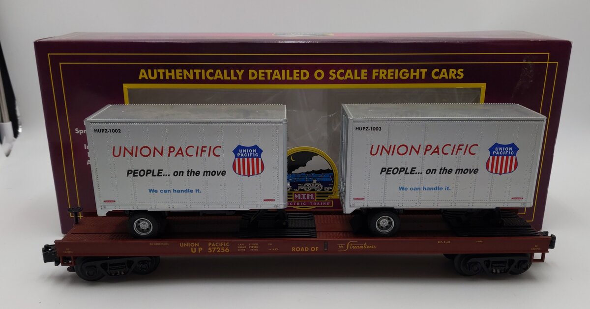 MTH 20-98107 O Gauge Union Pacific Flatcar w/2 Short Trailers #57256 EX/Box