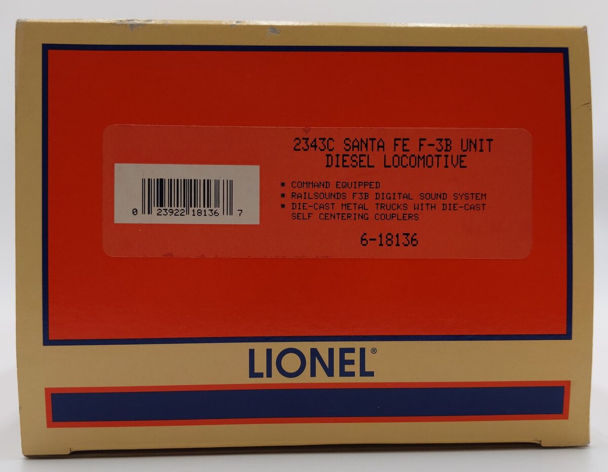 Lionel 6-18136 O Gauge Santa Fe F-3 B Unit Non-Powered Diesel Locomotive #2343C LN/Box