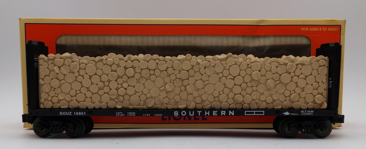 Lionel 6-16951 O Gauge 9823 Southern Bulkhead Flat Car w/ Simulated Wood Load LN/Box