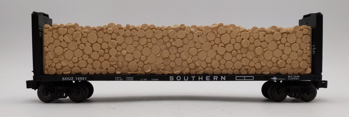Lionel 6-16951 O Gauge 9823 Southern Bulkhead Flat Car w/ Simulated Wood Load LN/Box