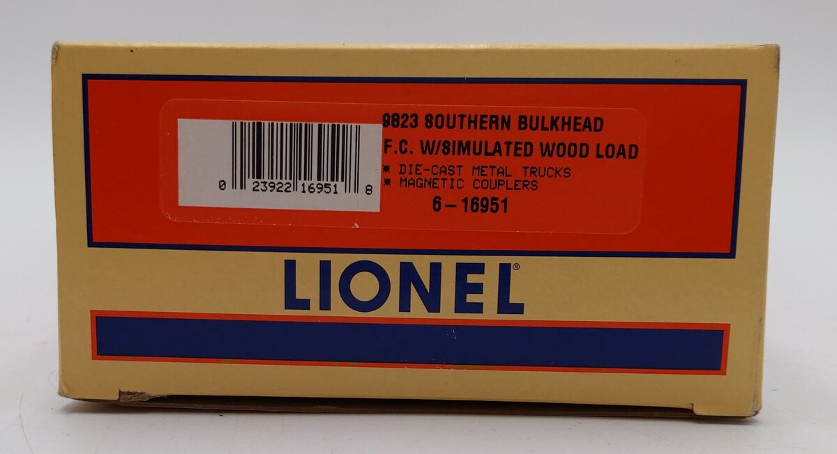 Lionel 6-16951 O Gauge 9823 Southern Bulkhead Flat Car w/ Simulated Wood Load LN/Box