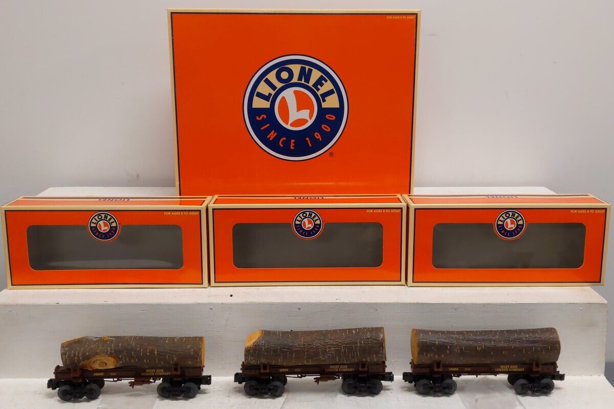 Lionel 6-29419 O West Side Lumber Skeleton 3-Log Car Set LN/Box