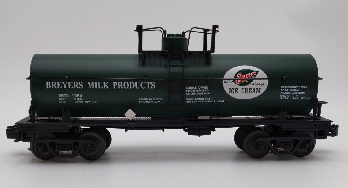 MTH 30-7330 O Gauge Breyers Milk Single Dome Tank Car #1084 EX/Box