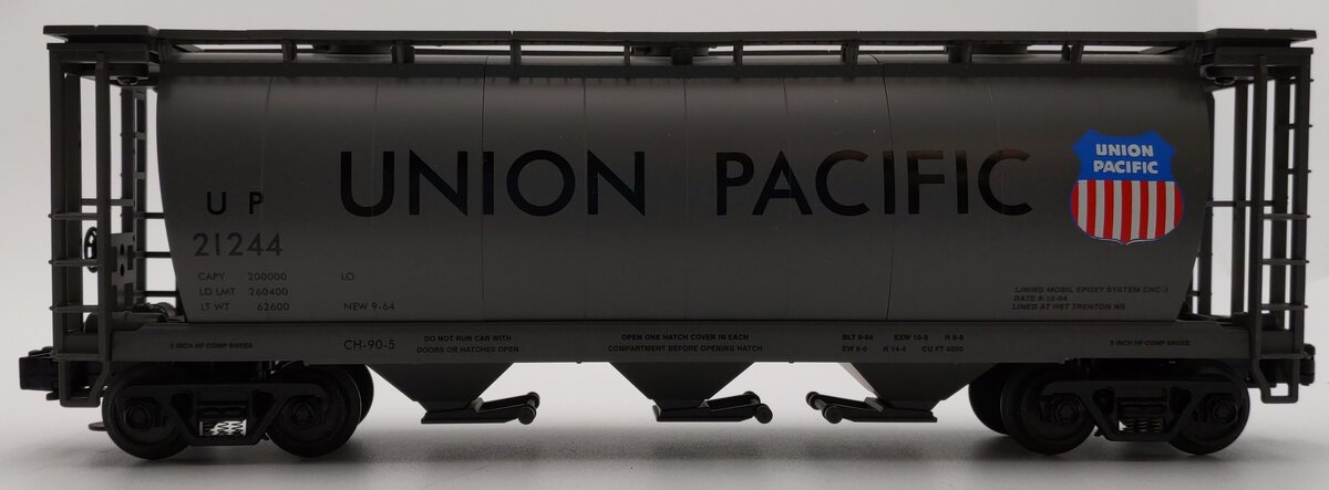 MTH 20-97417 O Gauge Union Pacific Cylindrical 3-Bay Hopper #21244 EX/Box