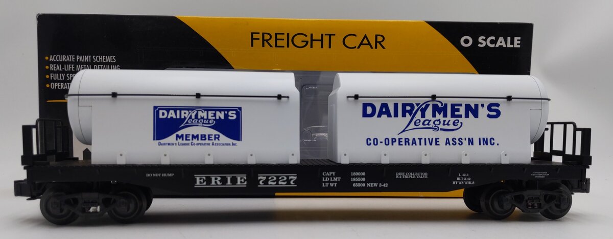 K-Line K691-1512 O Gauge Erie Flatcar with Dairymen's League Milk Tanks #7227 EX/Box