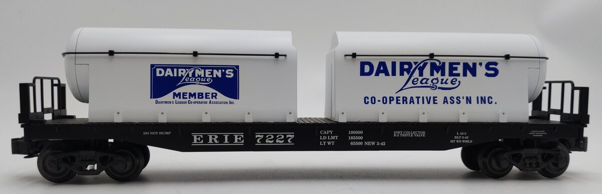 K-Line K691-1512 O Gauge Erie Flatcar with Dairymen's League Milk Tanks #7227 EX/Box
