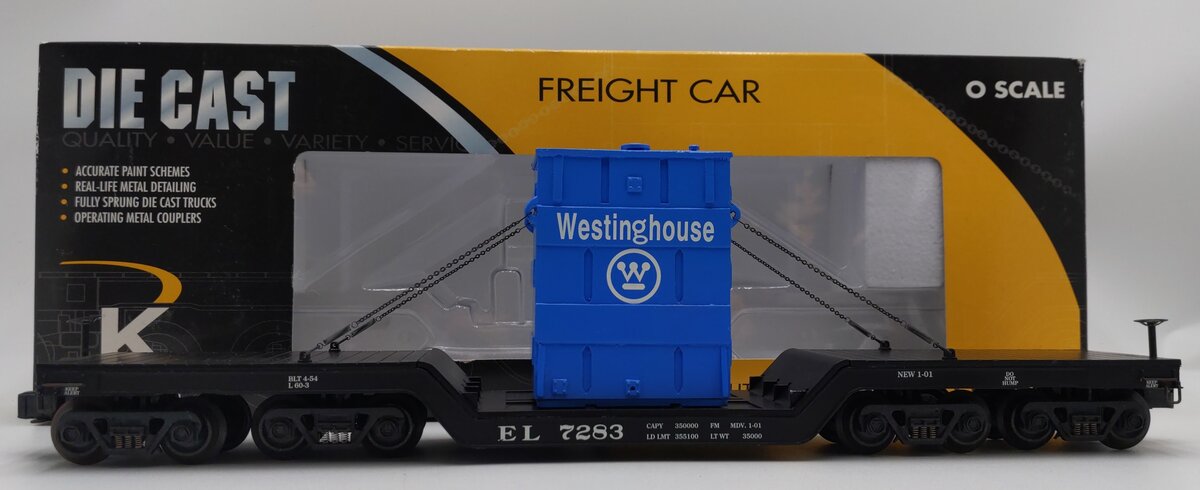 K-Line K692-1531 O EL Diecast DC Flatcar #7283 w/Westinghouse Transformer EX/Box