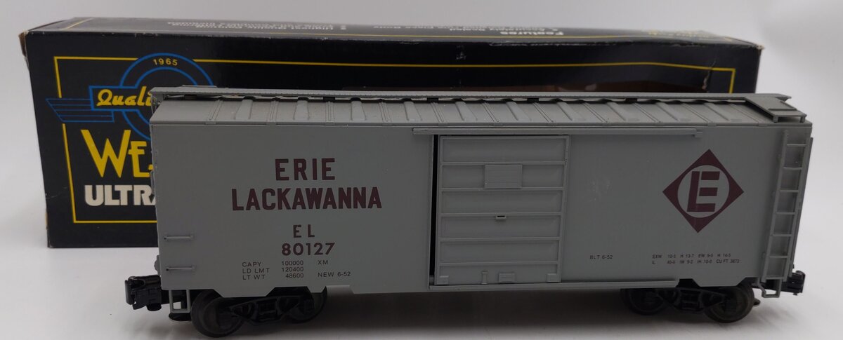 Weaver 2062 O Gauge Erie Lackawanna Hi-Rail Boxcar #80127 (Gray & Maroon) EX/Box
