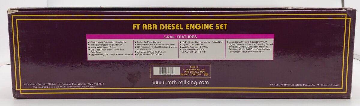 MTH 20-2273-1 O Gauge Santa Fe FT ABA Diesel Engine Set w/PS2 #167 EX/Box