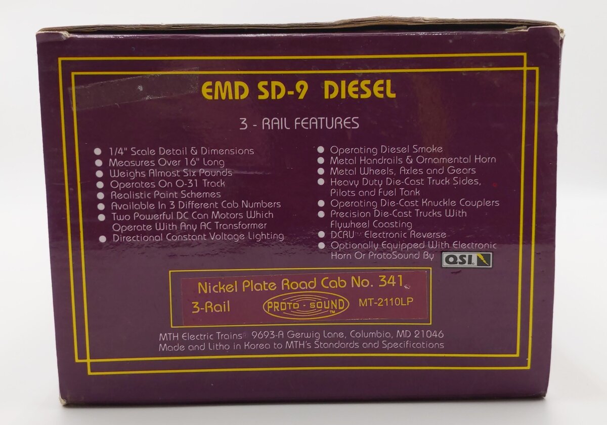MTH 20-2110-1 O Gauge Nickel Plate Road SD-9 Diesel Locomotive #341 w/PS1 EX/Box