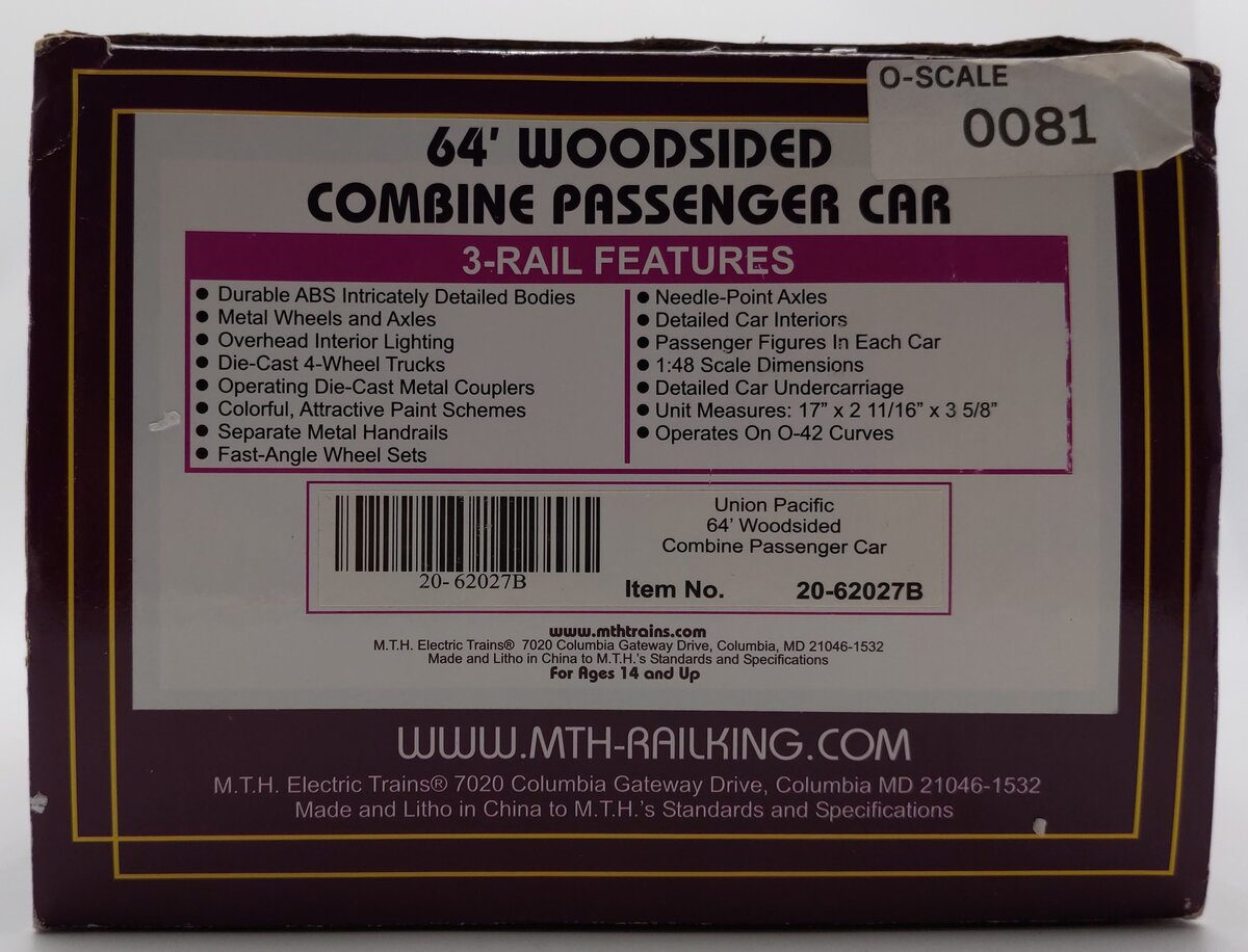 MTH 20-62027B O Scale Union Pacific 64' Woodsided Combine Car (2 Rail) LN/Box
