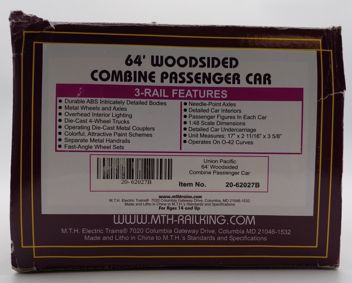 MTH 20-62027B O Scale Union Pacific 64' Woodsided Combine Car (2 Rail) LN/Box