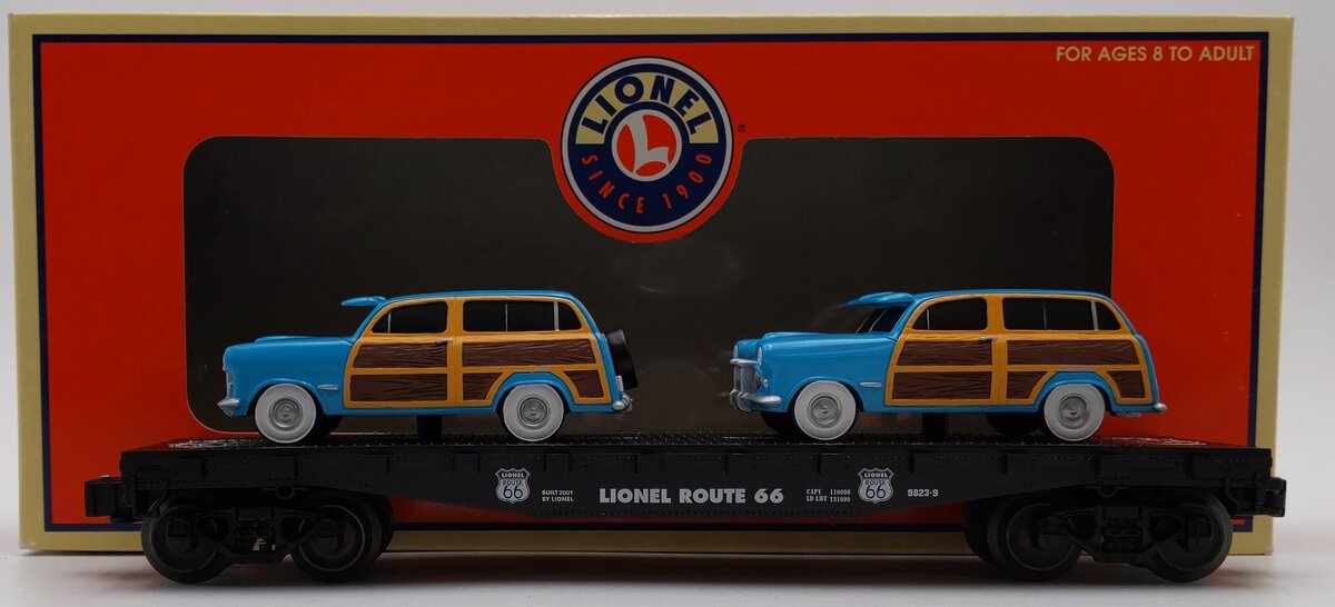 Lionel 6-17559 O Route 66 Standard O Flat Car w/2 Woodie Station Wagons LN/Box