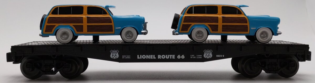 Lionel 6-17559 O Route 66 Standard O Flat Car w/2 Woodie Station Wagons LN/Box